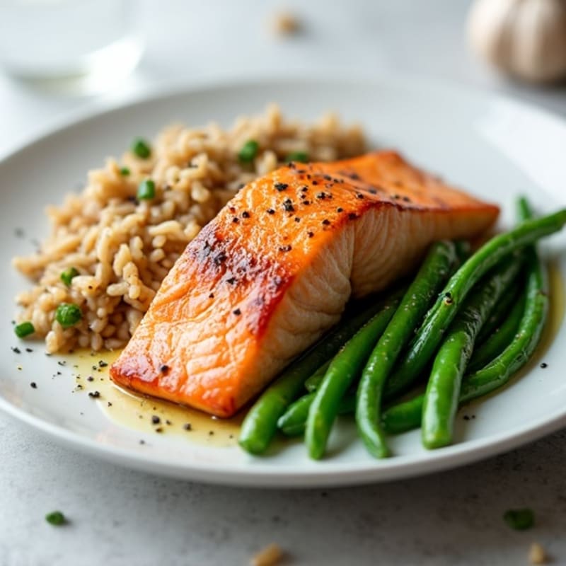Seared Salmon with Garlic Green Beans and Brown Rice