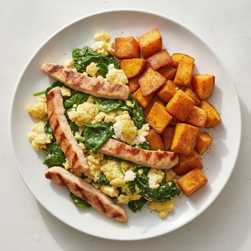 Steak and Spinach Egg Scramble with Roasted Sweet Potatoes
