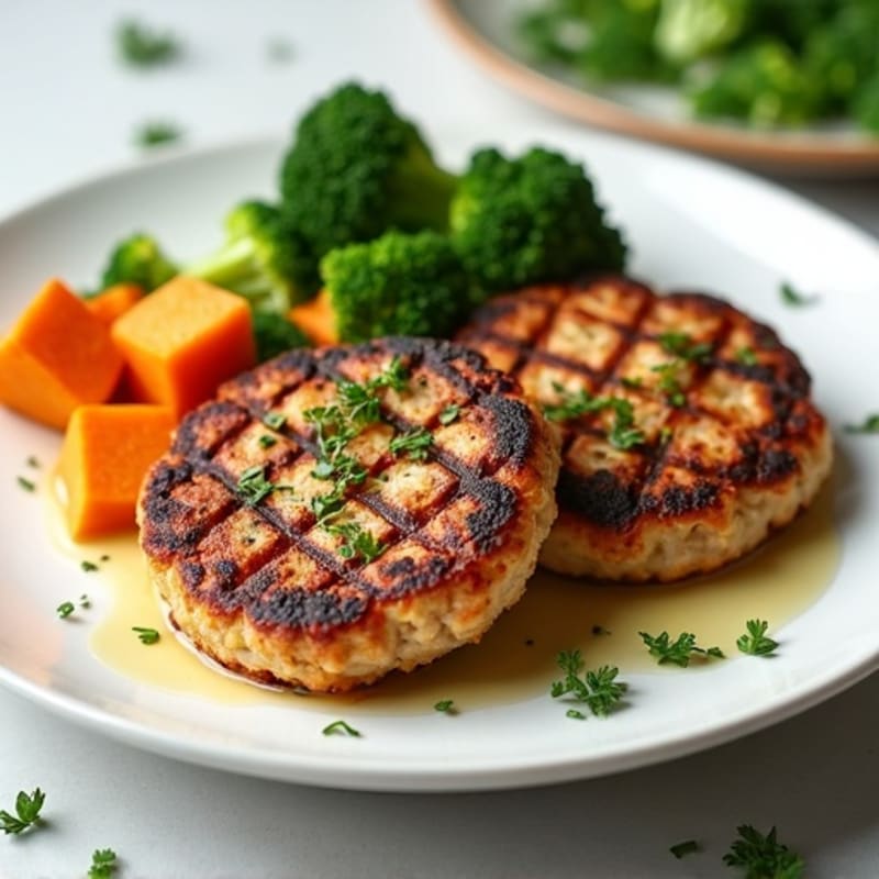 Seared Turkey Patties with Roasted Sweet Potatoes and Steamed Broccoli