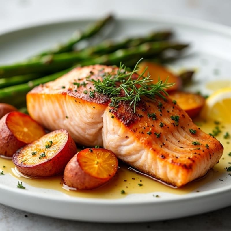 Flaky Roasted Salmon with Tender Sweet Potatoes and Fresh Asparagus