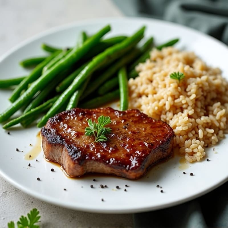 Seared Beef Steak with Garlic Green Beans and Brown Rice