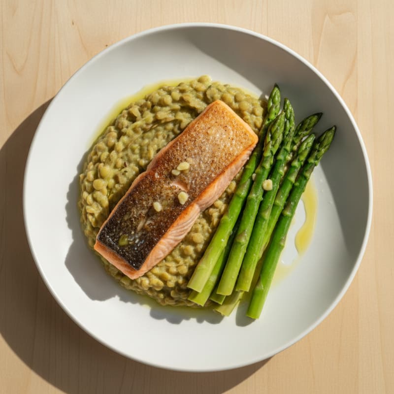Seared Salmon with Steamed Asparagus and Lentil Mash