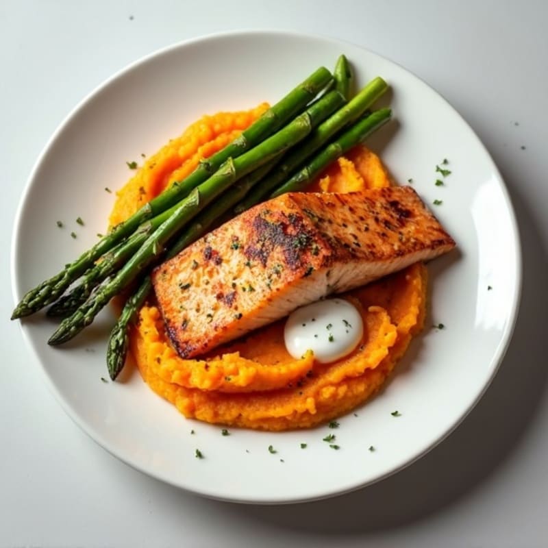 Seared Salmon with Steamed Asparagus and Sweet Potato Mash