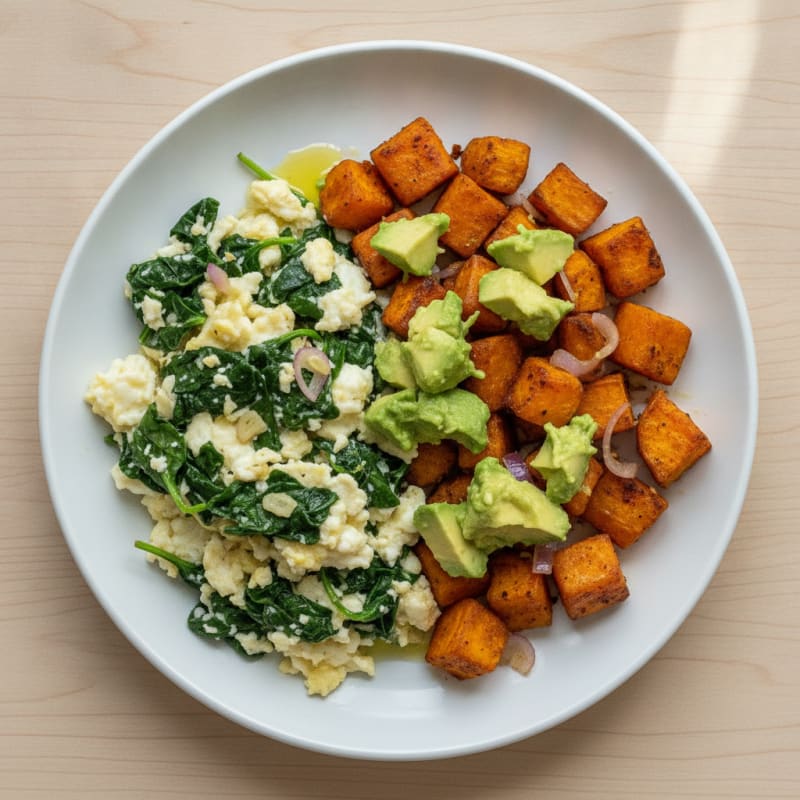 Egg White and Spinach Scramble with Roasted Sweet Potatoes