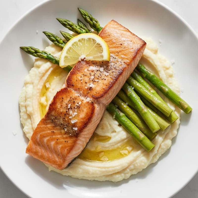 Seared Salmon Fillet with Steamed Asparagus and Cauliflower Mash
