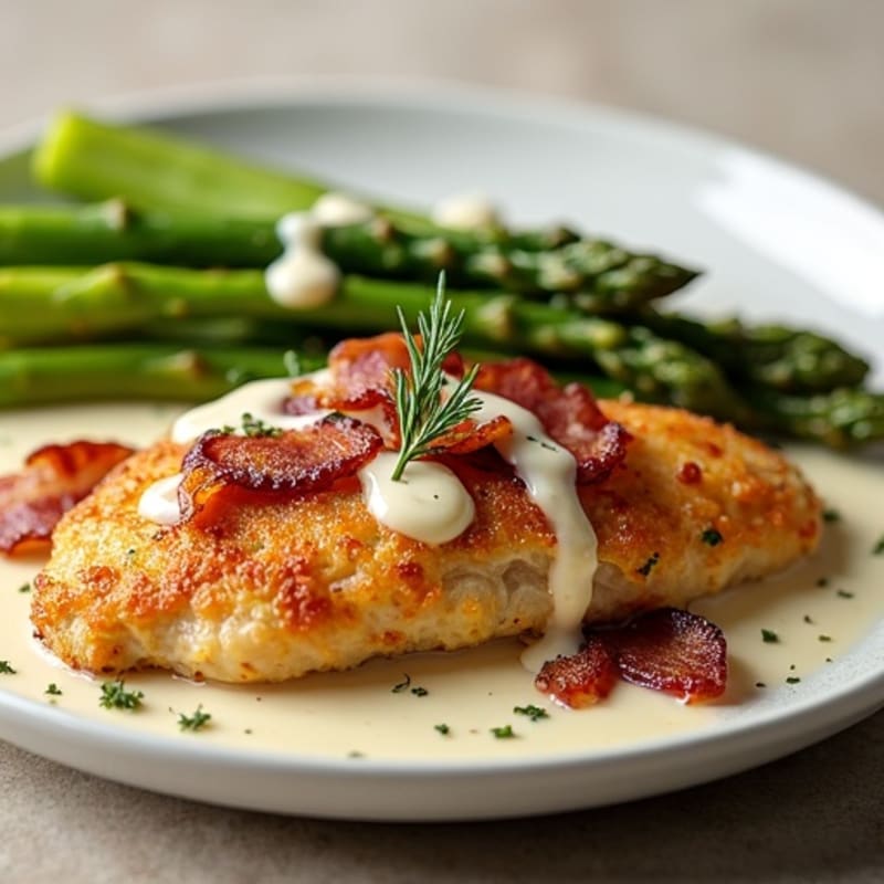 Crispy Chicken with Smoky Bacon, Roasted Asparagus, and Creamy Dill Ranch
