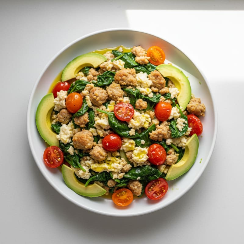 Egg White and Turkey Sausage Scramble with Spinach and Cherry Tomatoes