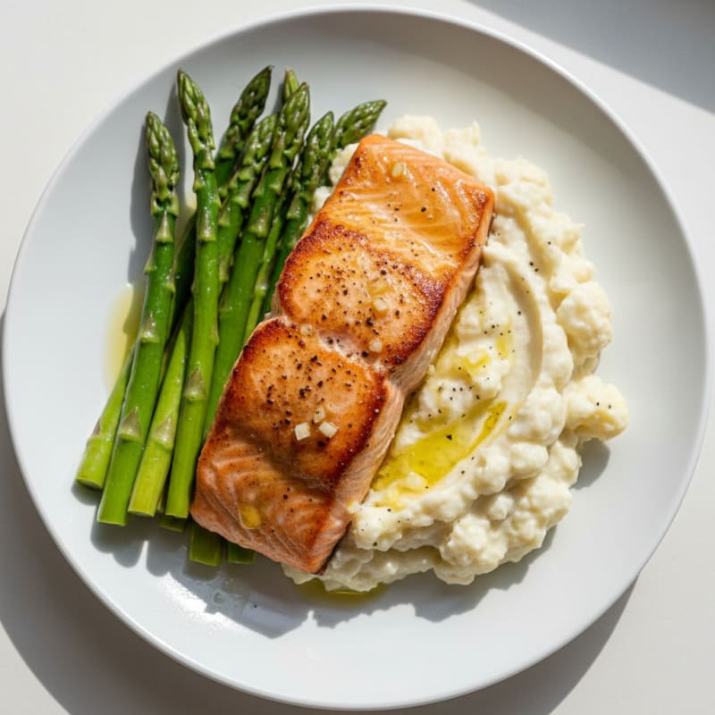 Seared Salmon with Steamed Asparagus and Garlic Mashed Cauliflower