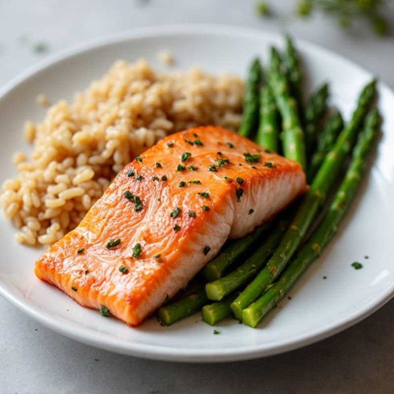 Seared Salmon Fillet with Steamed Asparagus and Brown Rice