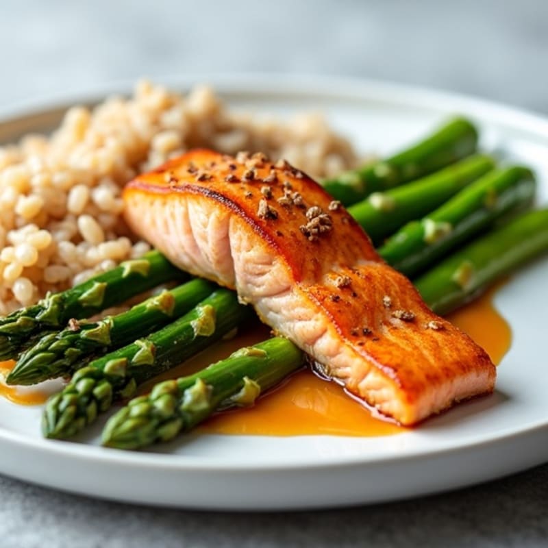Seared Salmon with Steamed Asparagus and Brown Rice
