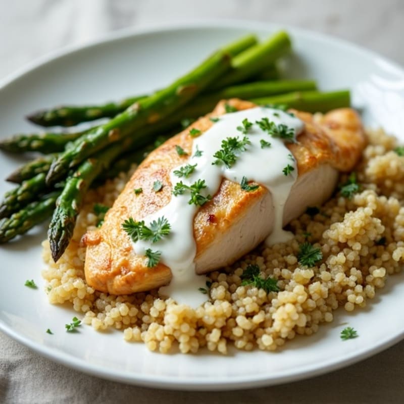 Creamy Herb Chicken with Roasted Asparagus and Quinoa