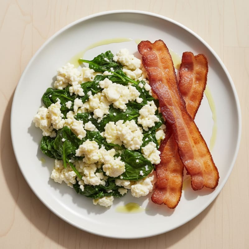 Cottage Cheese Egg Scramble with Sautéed Spinach and Turkey Bacon