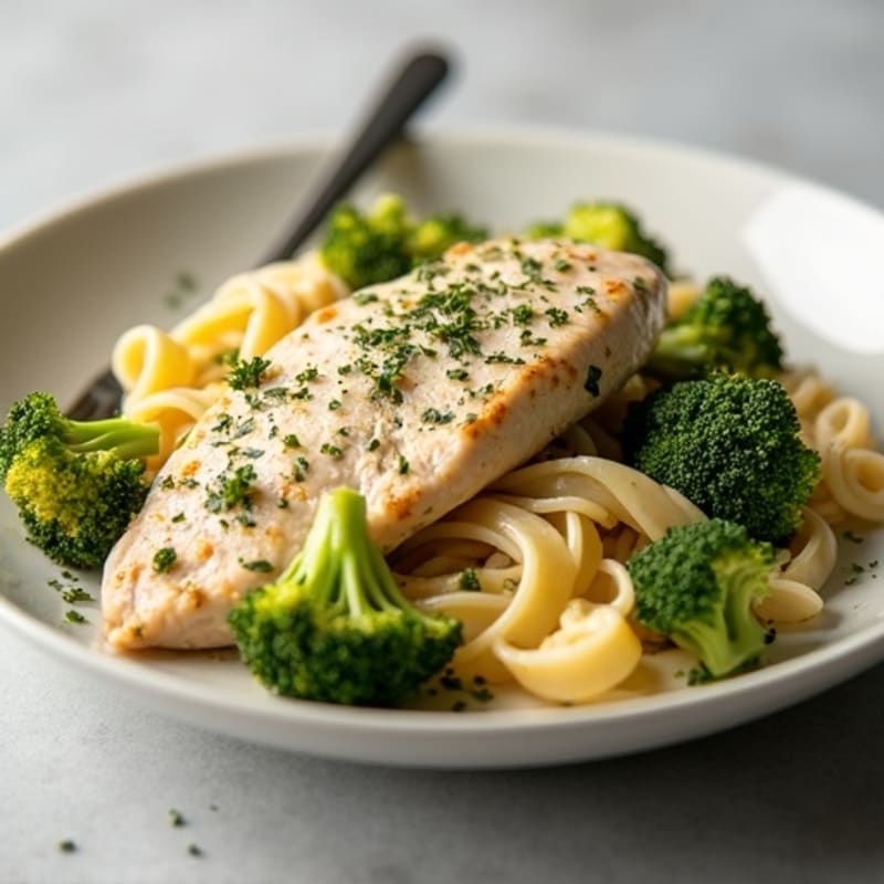 Lighter Creamy Chicken Alfredo Pasta with Roasted Broccoli