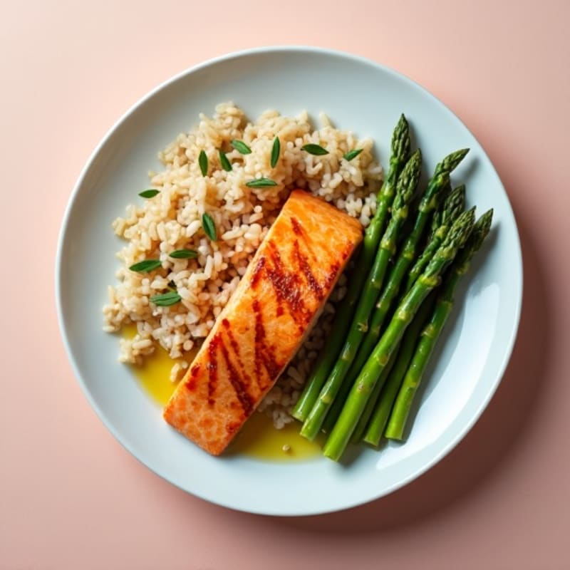 Seared Salmon with Steamed Asparagus and Brown Rice