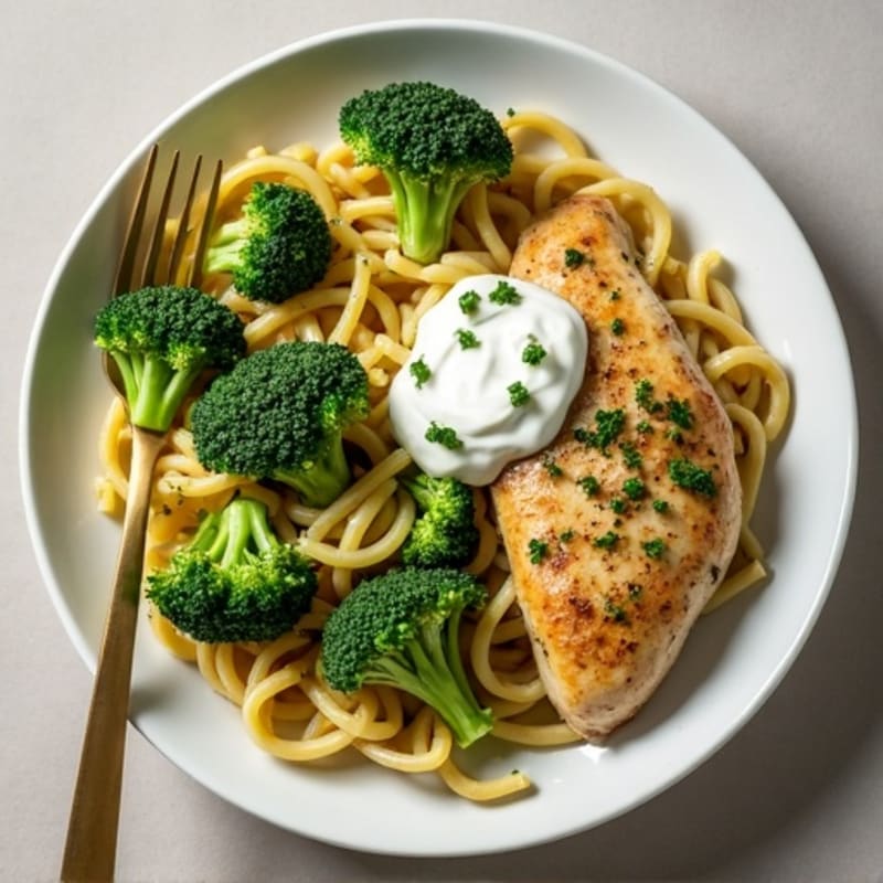 Creamy Pesto Chicken Whole Wheat Pasta with Roasted Broccoli