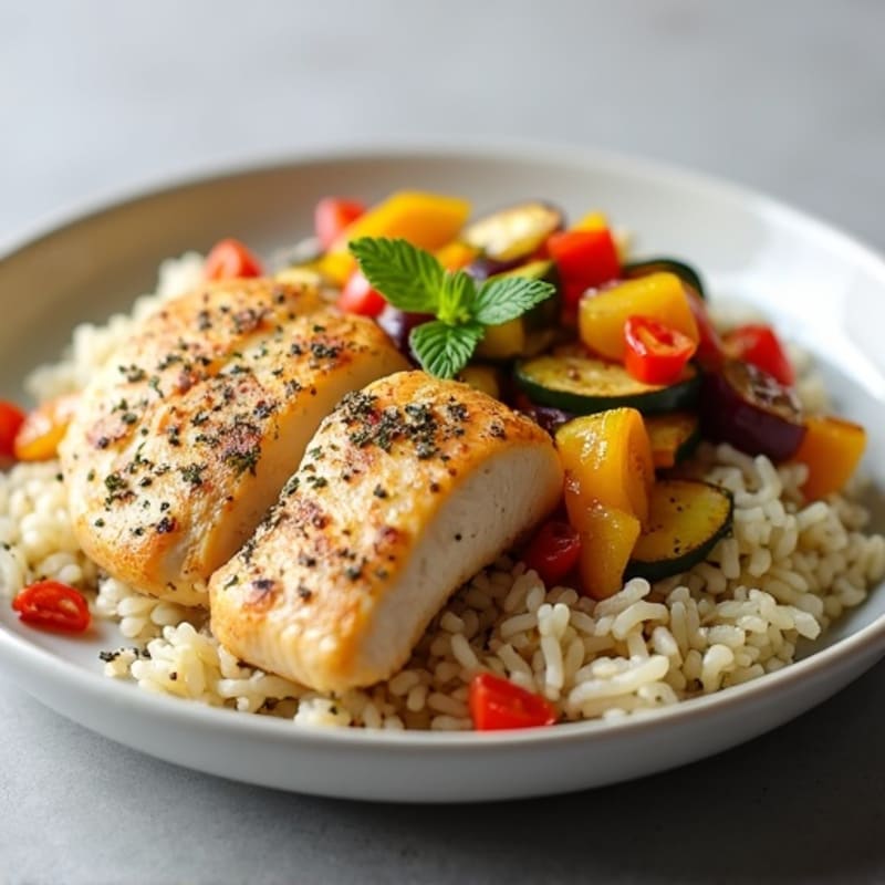 Lemon Herb Chicken with Fluffy Rice and Roasted Vegetables