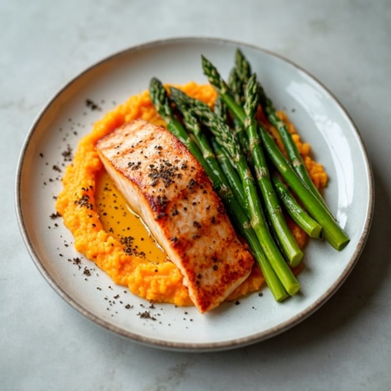 Seared Salmon with Roasted Asparagus and Sweet Potato Mash