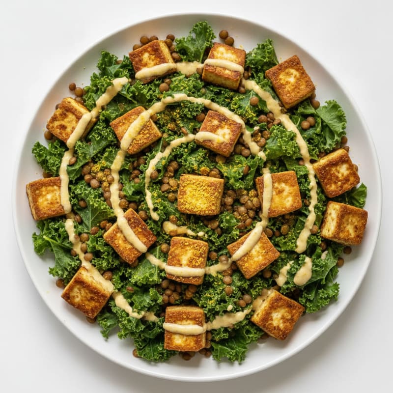 Crispy Tofu and Lentil Power Salad with Lemon Tahini Dressing