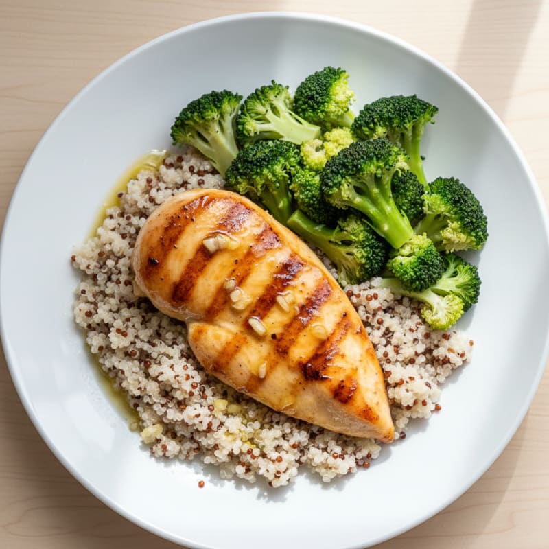 Grilled Lemon Garlic Chicken Breast with Quinoa and Steamed Broccoli