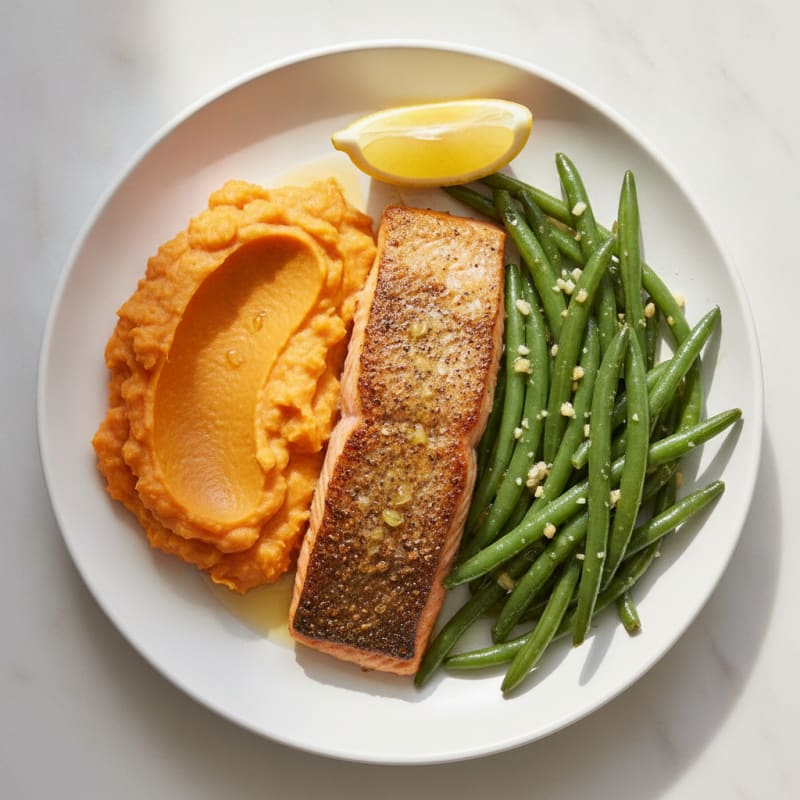 Crispy Baked Salmon with Garlic Green Beans and Sweet Potato Mash