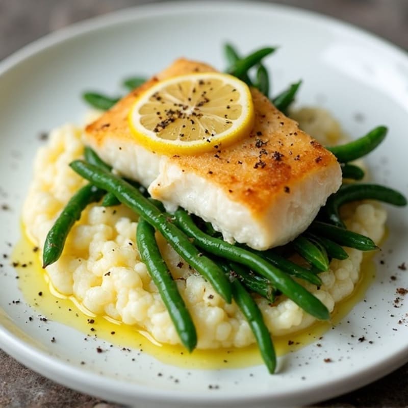 Baked Cod with Lemon Garlic Green Beans and Cauliflower Mash