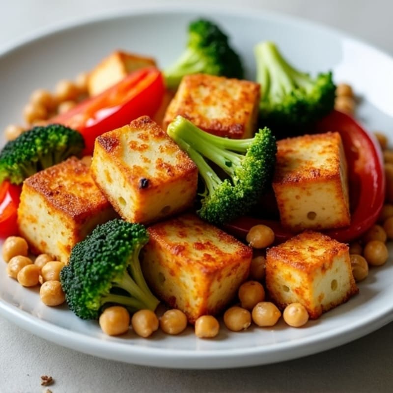 Crispy Baked Tofu with Roasted Broccoli and Bell Peppers