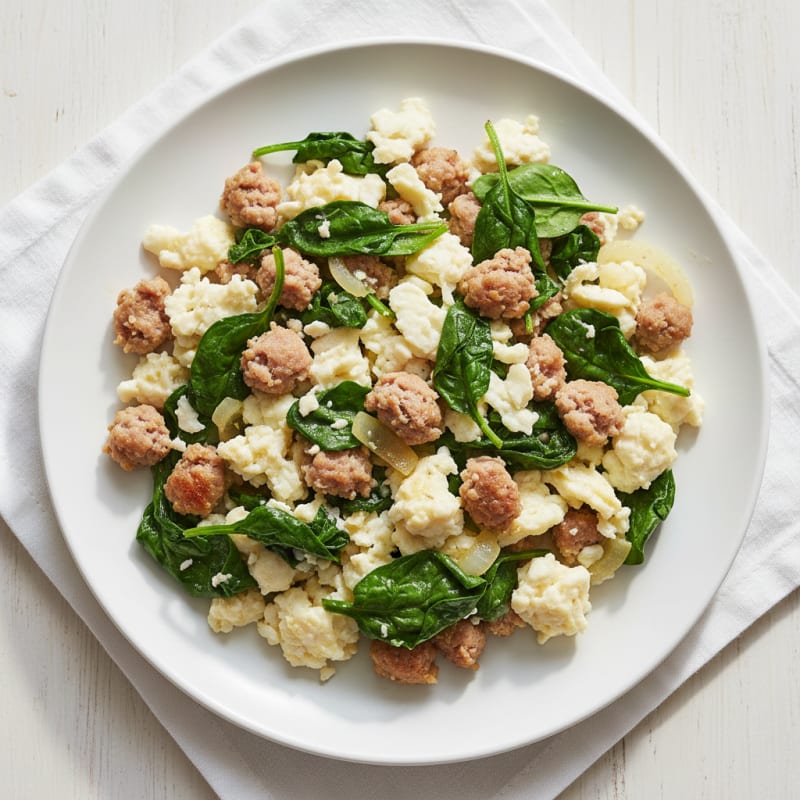 Egg White and Turkey Sausage Scramble with Sautéed Spinach