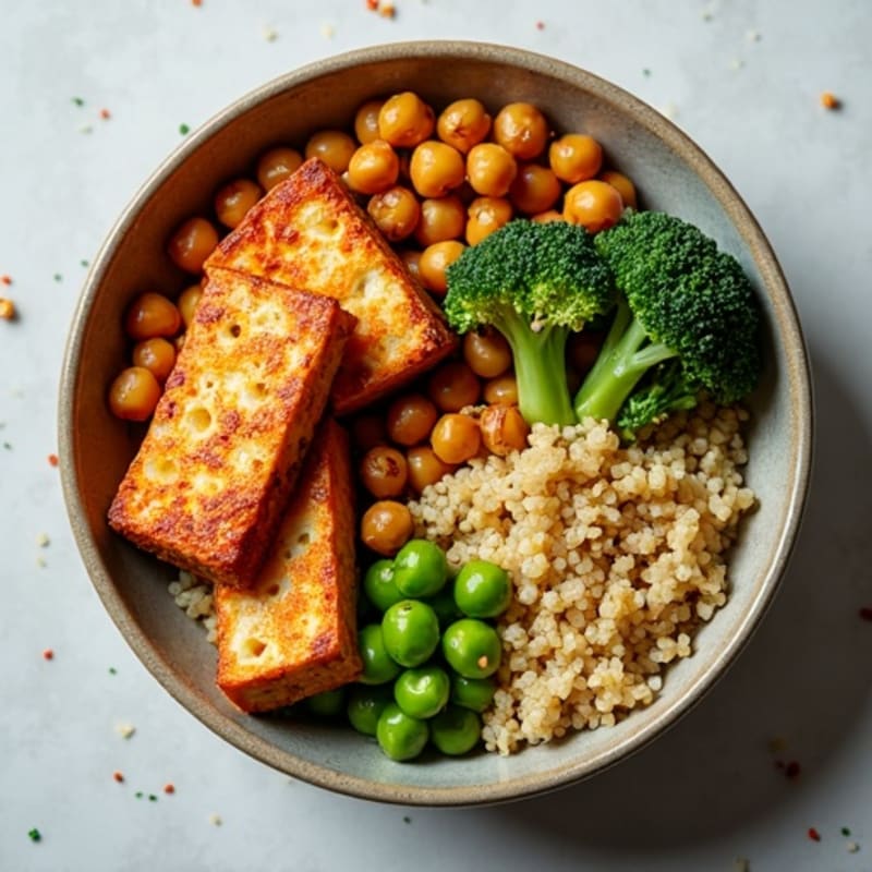 Crispy Baked Tofu Buddha Bowl with Quinoa and Roasted Chickpeas