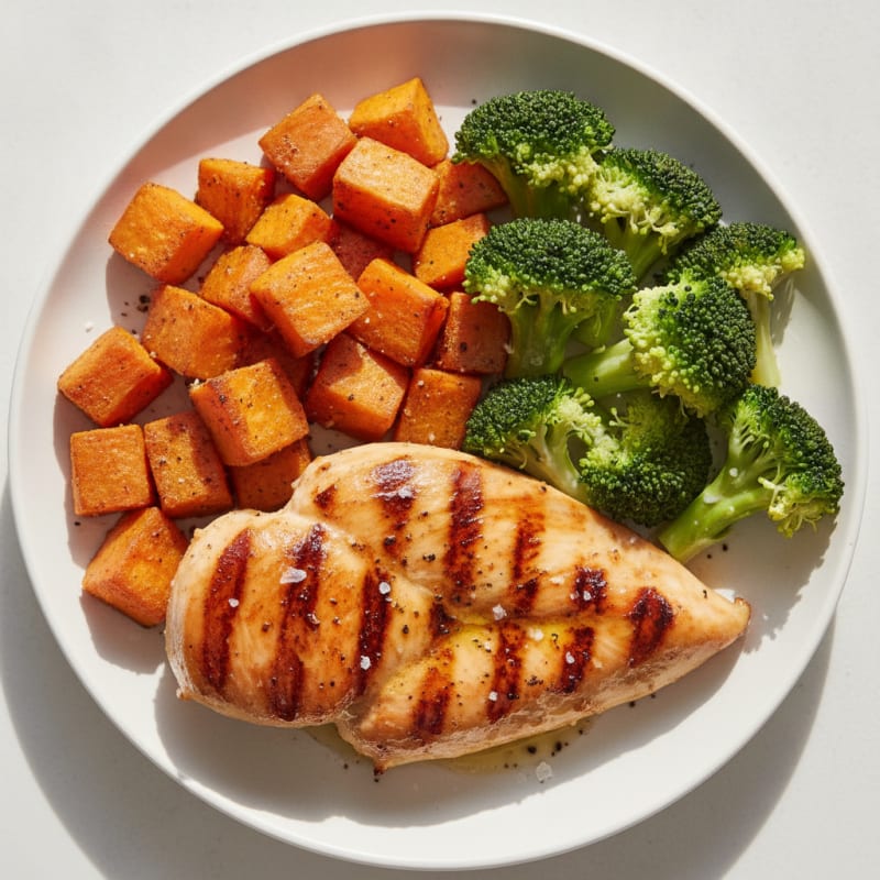 Grilled Chicken Breast with Roasted Sweet Potato and Steamed Broccoli