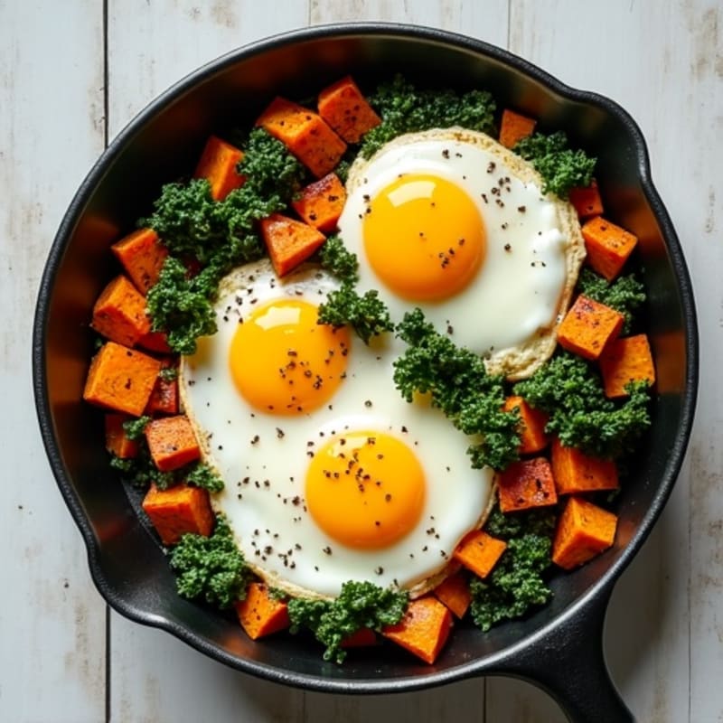 Sheet Pan Baked Eggs with Crispy Sweet Potatoes and Kale