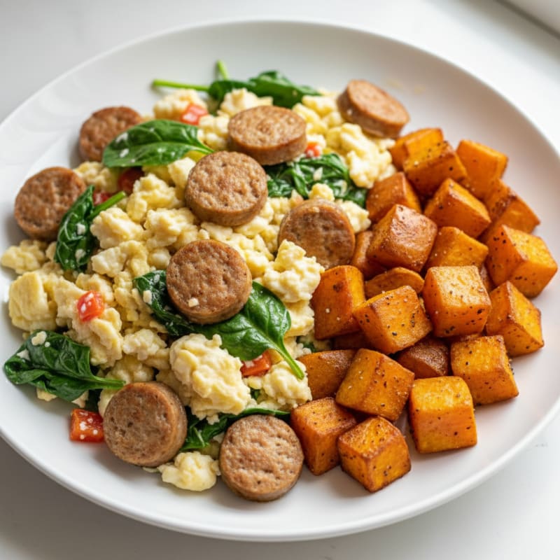 Egg White and Turkey Sausage Scramble with Roasted Sweet Potatoes