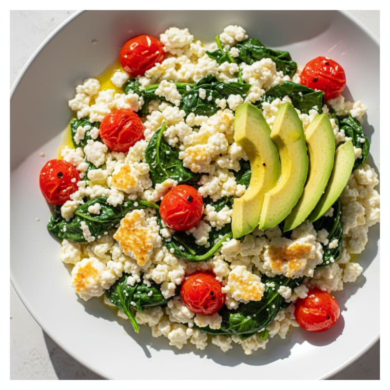 Cottage Cheese Egg White Scramble with Spinach and Cherry Tomatoes
