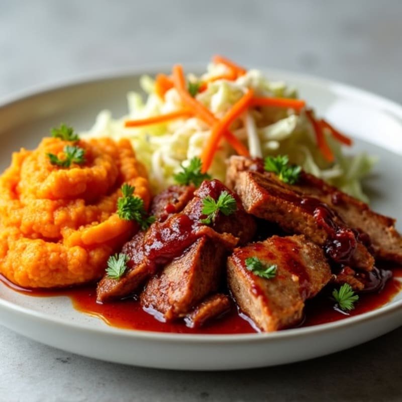 Tender BBQ Pulled Pork with Sweet Potato Mash and Crunchy Slaw