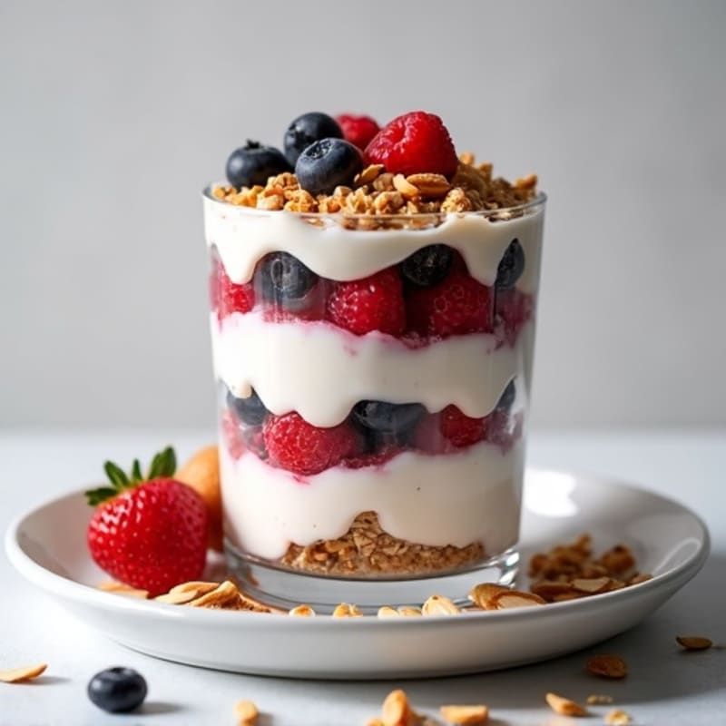 Greek Yogurt Parfait with Mixed Berries and Crunchy Almond Granola
