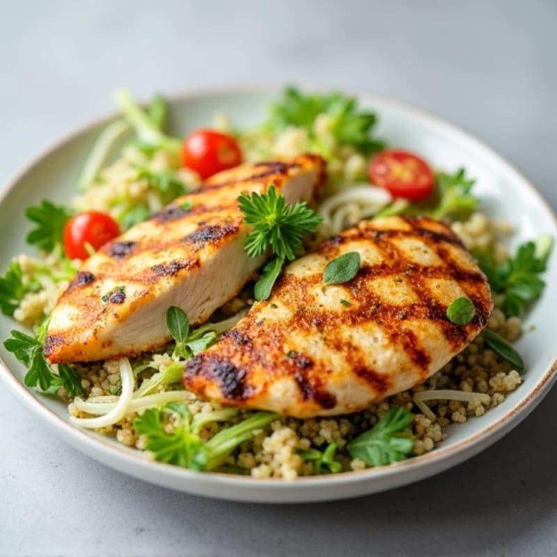 Grilled Chicken Breast with Crunchy Shredded Cabbage and Quinoa Salad