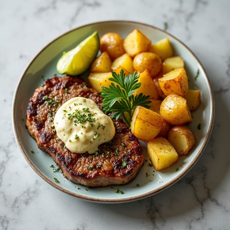 Garlic Herb Seared Steak with Crispy Roasted Potatoes, Creamy Avocado, and Cheese