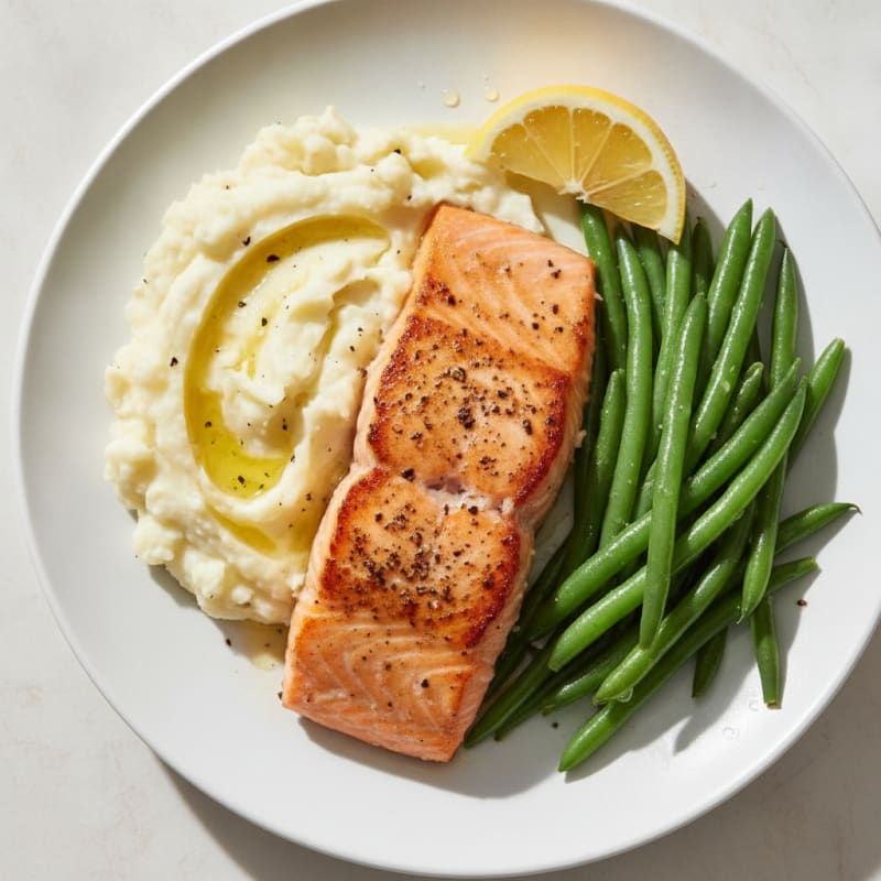 Seared Salmon Fillet with Steamed Green Beans and Garlic Mashed Potatoes