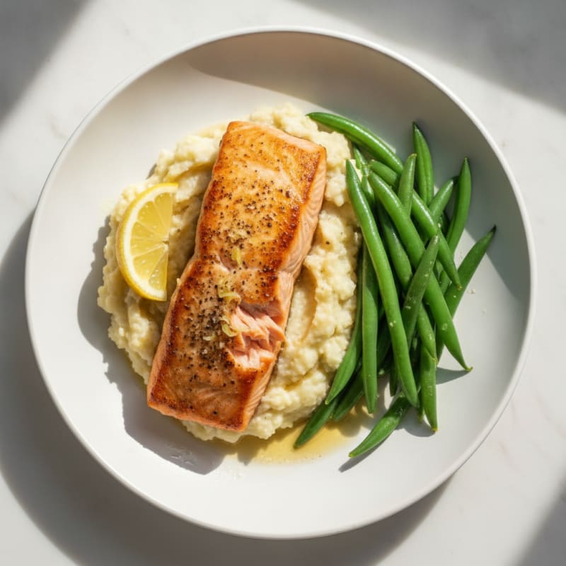 Seared Salmon with Steamed Green Beans and Cauliflower Mash