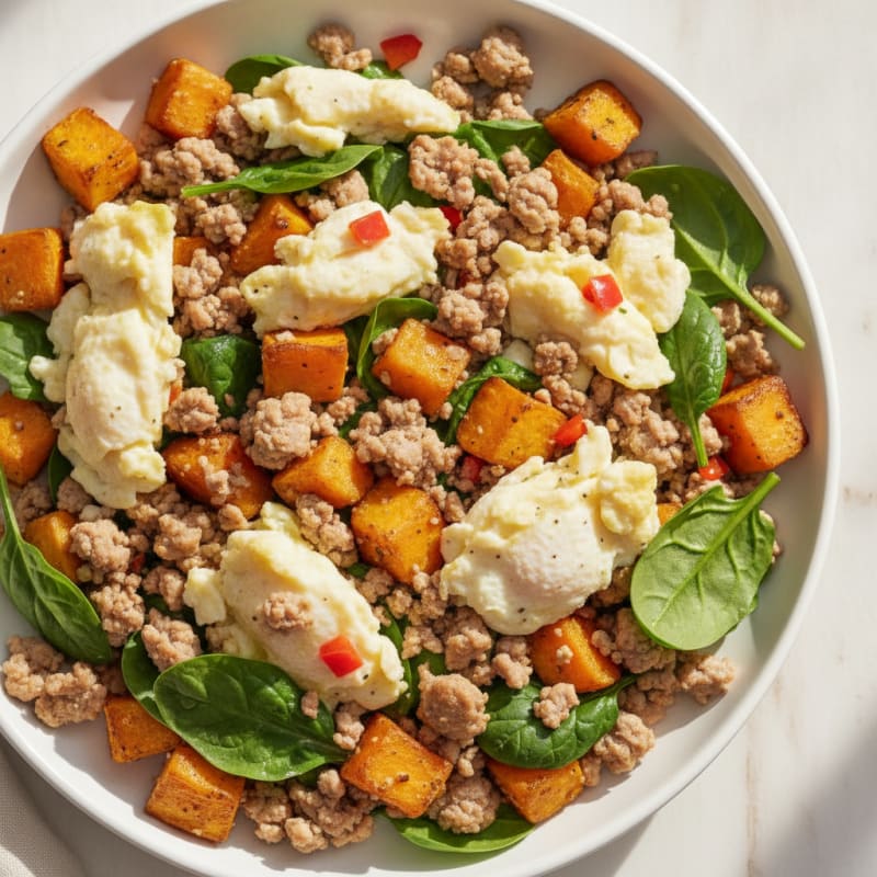 Scrambled Egg Whites with Ground Turkey and Roasted Sweet Potato