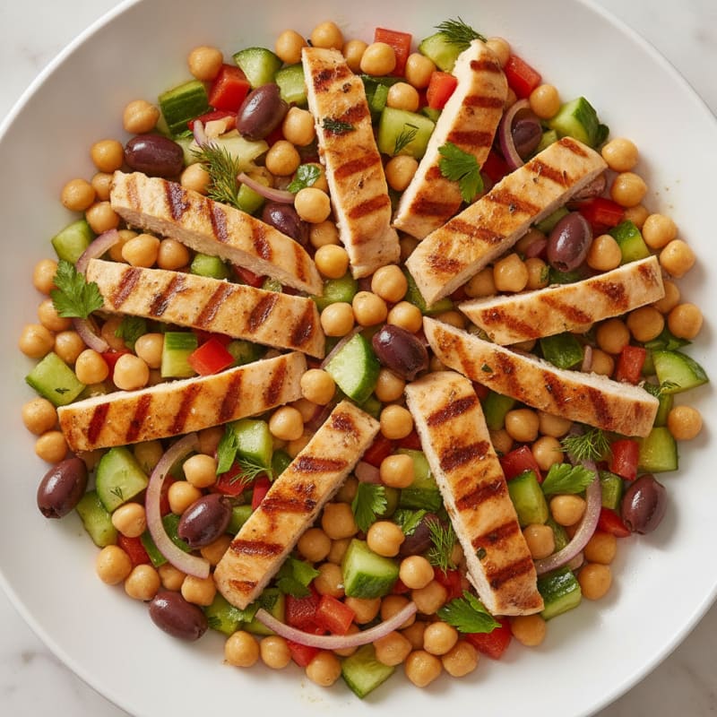 Grilled Chicken and Chickpea Salad with Crunchy Vegetables