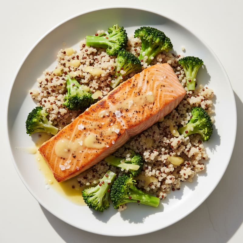 Seared Salmon with Steamed Broccoli and Quinoa