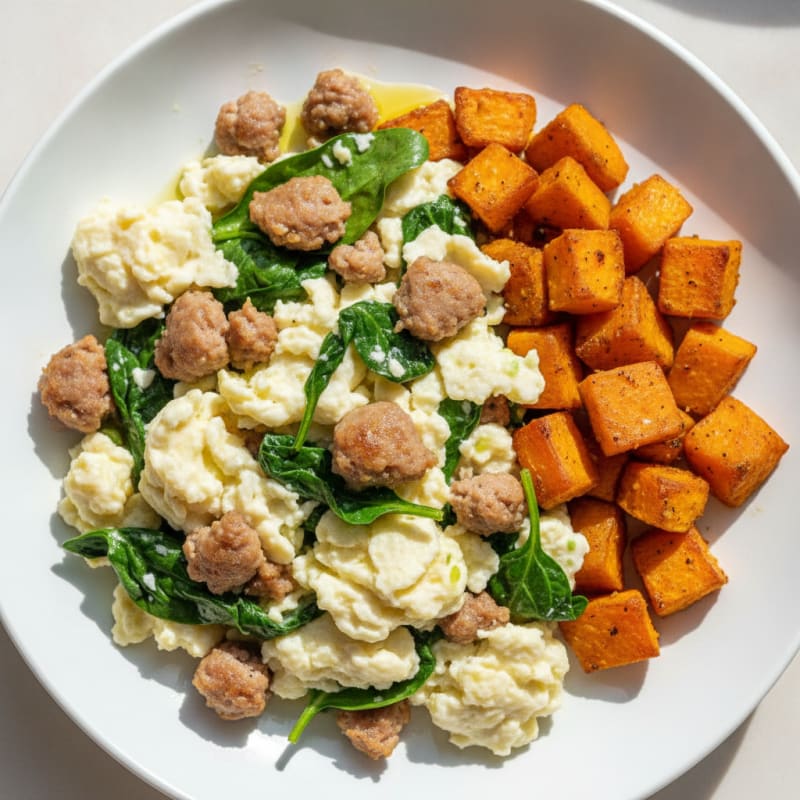 Egg White and Turkey Sausage Scramble with Spinach and Roasted Sweet Potato