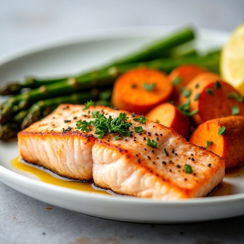 Seared Salmon with Roasted Sweet Potatoes and Asparagus
