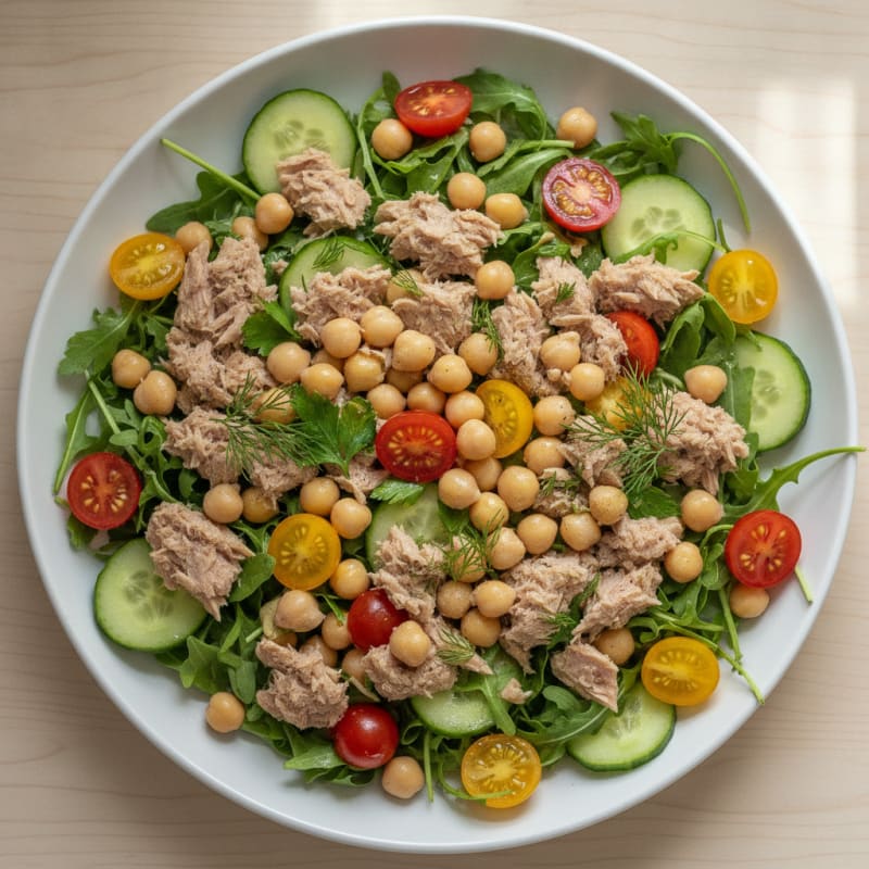 Tuna and Chickpea Salad Bowl with Crunchy Cucumber and Cherry Tomatoes