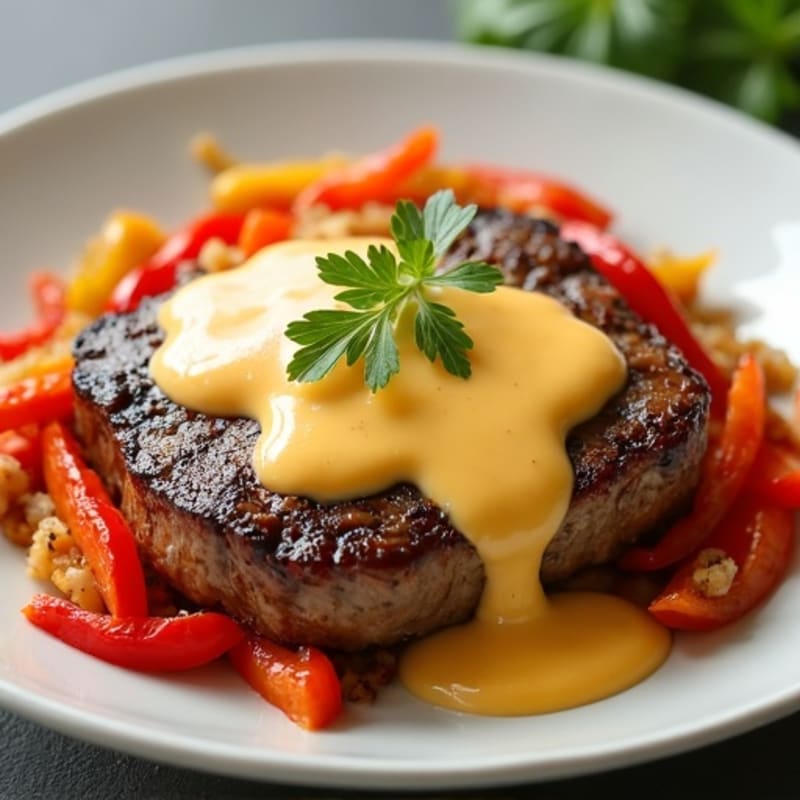 Lean Seared Steak with Sautéed Peppers and Onions and Creamy Cheese Sauce