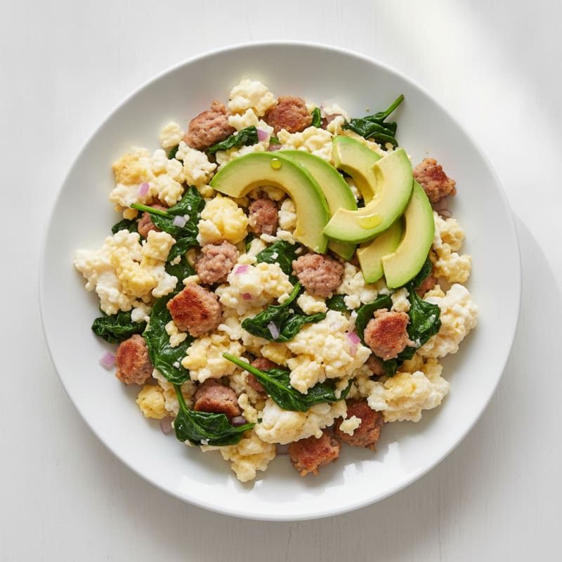 Egg White Scramble with Turkey Sausage and Sautéed Spinach
