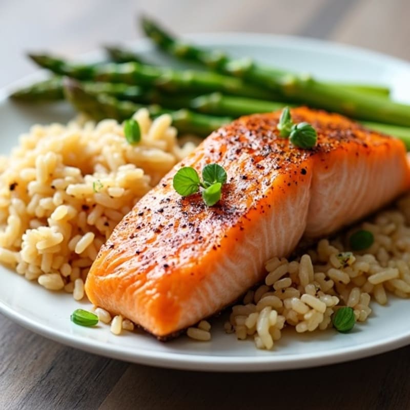Baked Salmon with Brown Rice and Steamed Asparagus