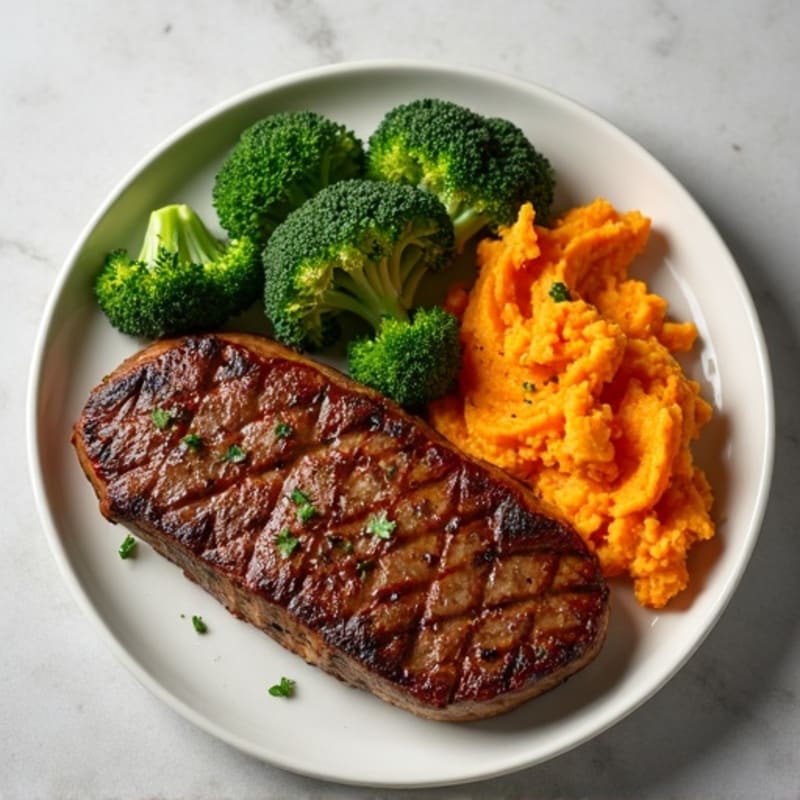 Pan-Seared Lean Beef with Roasted Broccoli and Sweet Potato Mash