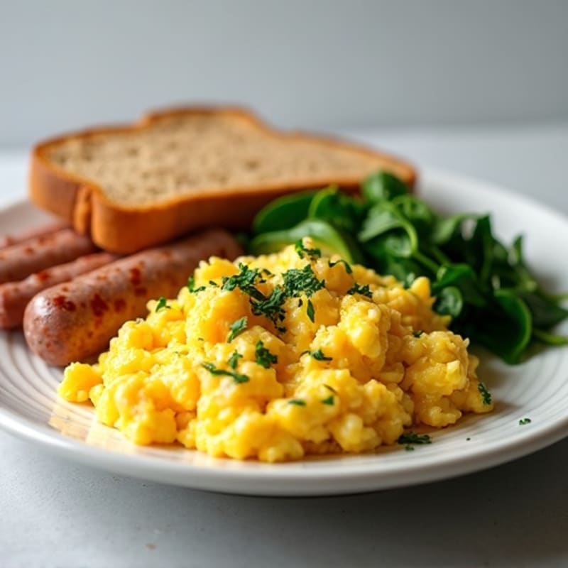 Scrambled Eggs with Turkey Sausage and Sautéed Spinach