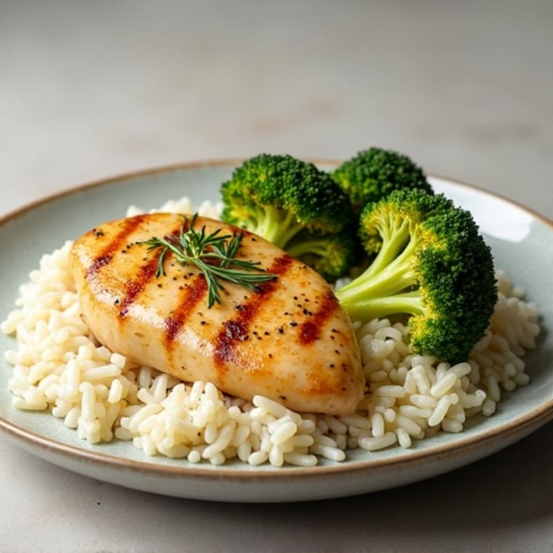 Lemon Garlic Chicken with Roasted Broccoli and Zucchini over Rice